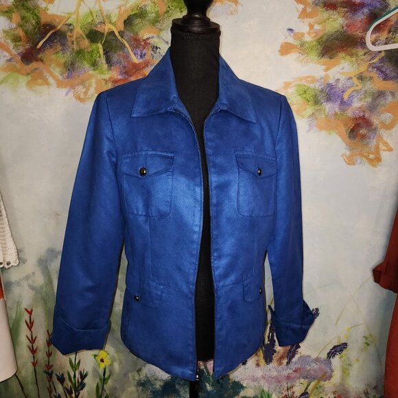 Evan Picone Blue Suede-like Zip Blazer With Gold Buttons and Pockets - Picture 1 of 13
